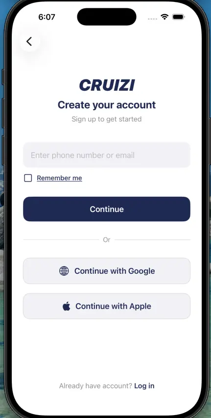 App screen showing account creation
