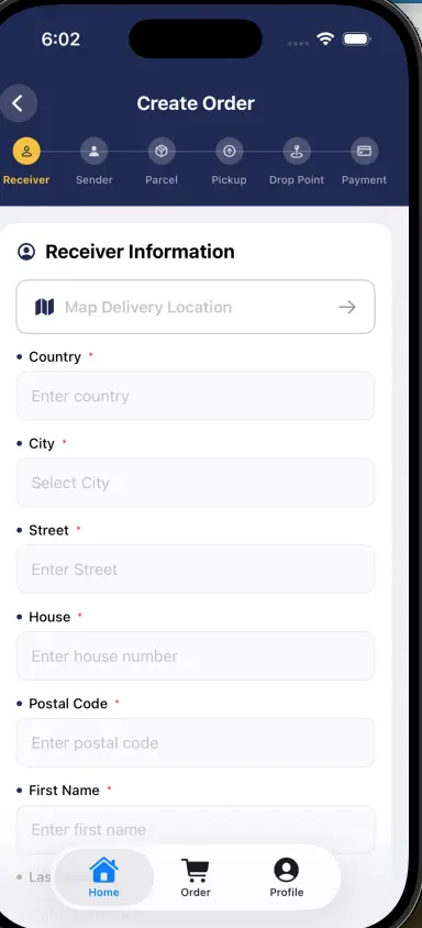 App screen showing order creation